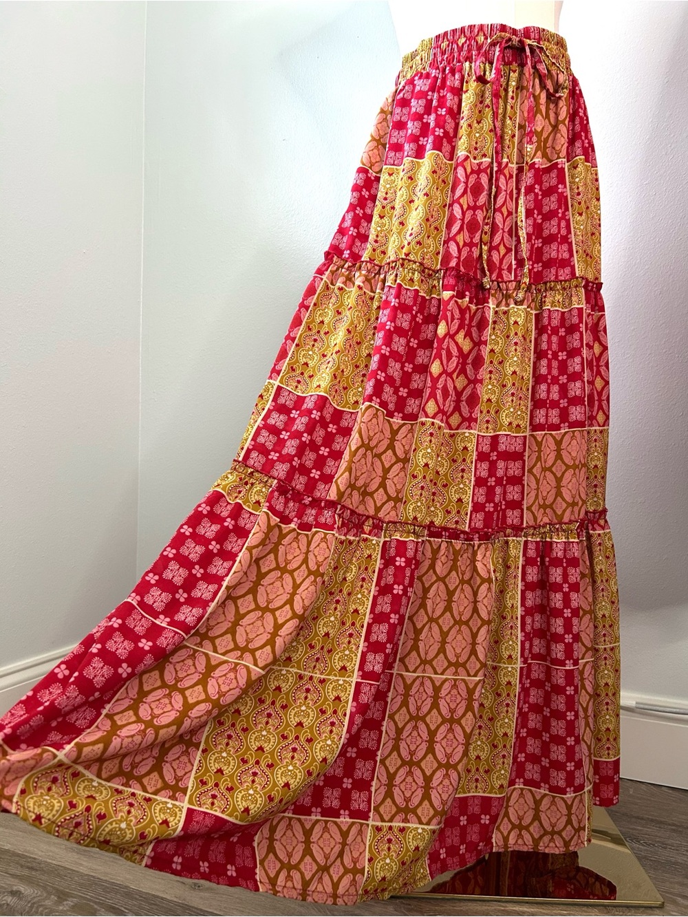 Bohemian Red Pink Gold Mosaic Print Tiered Maxi Skirt Womens S/M